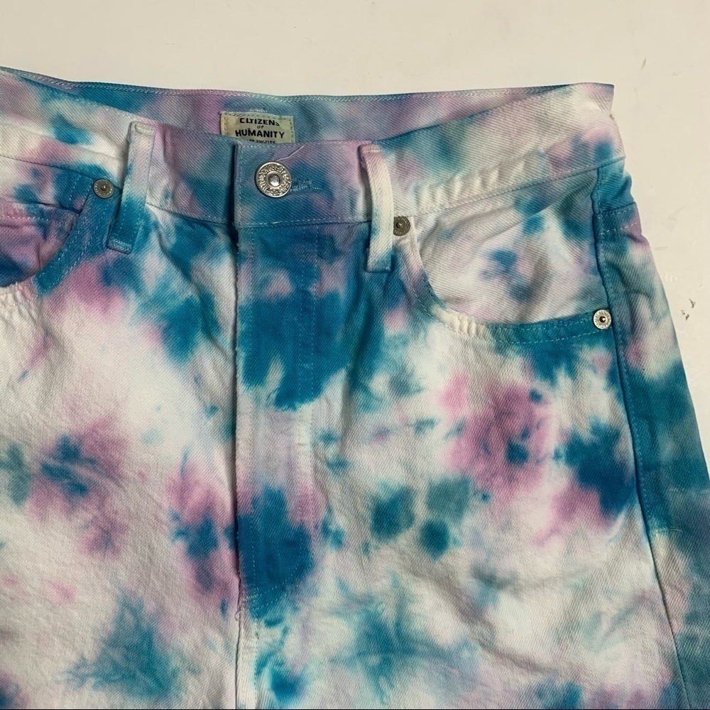 Citizens Of Humanity Custom Tie Dye Scalloped Hem High Rise Denim Shorts - Picture 4 of 14